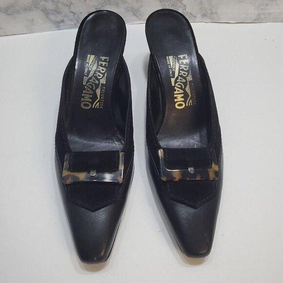 Salvatore Ferragamo Slip-On Mules Heels 7AA Black Suede Leather Tortoise Shell - Picture 2 of 15